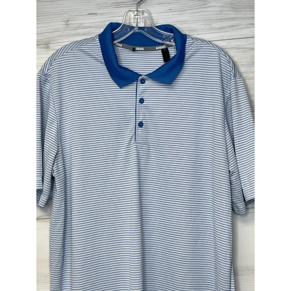 Adidas Mens Polo Shirt Size L Blue Striped Short Sleeve Performance‎ Golf